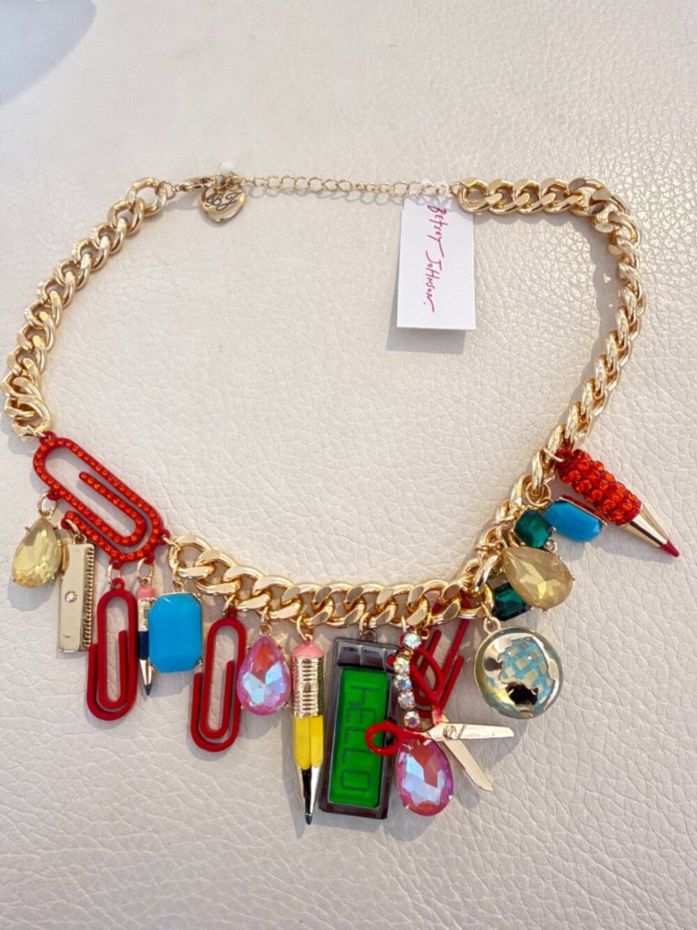 NWT Betsey Johnson Back To School Charm Statement Necklace Teacher Gold Tone - Picture 2 of 5